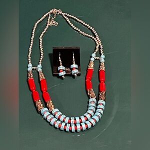 Vibrant Red and Blue Beaded Necklace Set